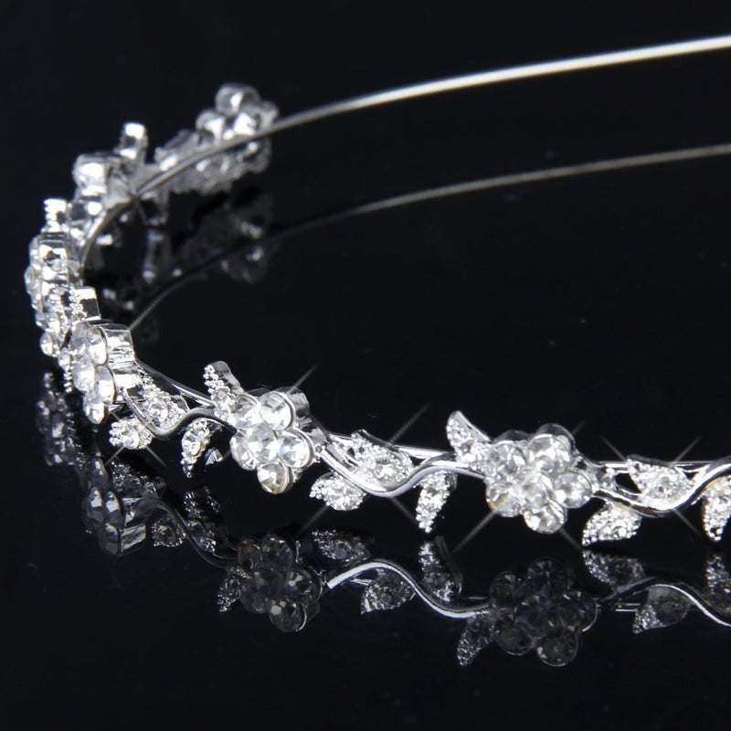 Vemonllas Women's Wedding Crystal Bridal Flower & Leaves Crown Headband Tiara Headdress - Image 5